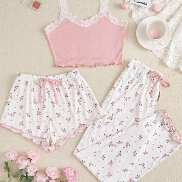 Ensemble Pyjama 3 pieces Fleural en Rose (SHEIN) - Image 2